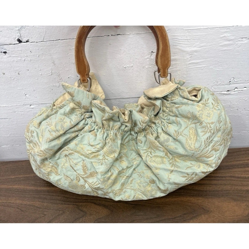 Wood-Handle Ruched Hobo Bag in Pale Mint with Gold Embroidery